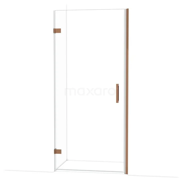 Glazen douchedeur met een minimalistisch design, goudkleurige scharnieren en handgreep, ideaal voor een moderne badkamer.