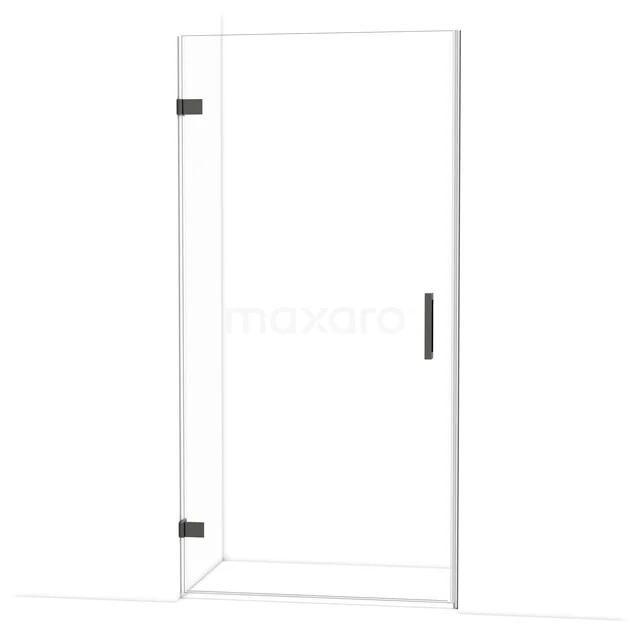 Transparente Duschtür aus Glas mit schwarzen Scharnieren und Haltegriff, modernes Design ideal für ein stilvolles Badezimmer.