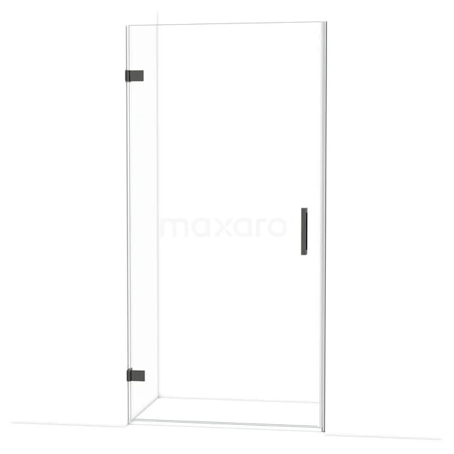 Transparente Duschtür aus Glas mit schwarzen Scharnieren und Haltegriff, modernes Design ideal für ein stilvolles Badezimmer.