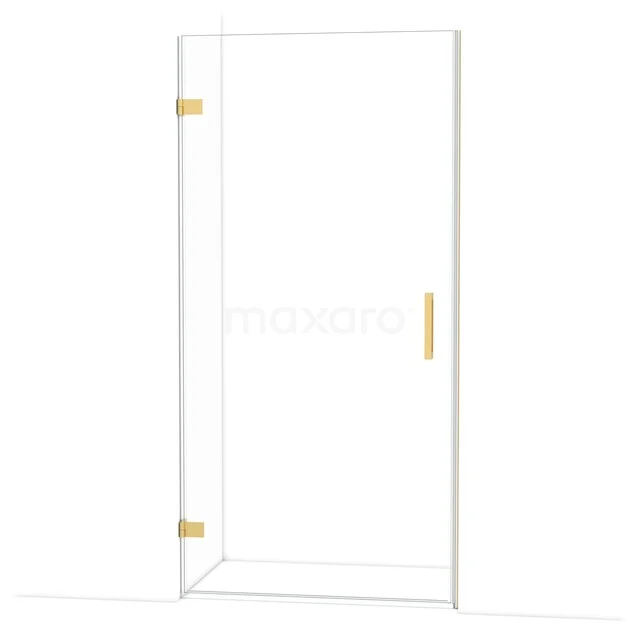 Glazen douchedeur met goudkleurige scharnieren en handgreep, minimalistisch ontwerp, ideaal voor moderne badkamerinrichting.