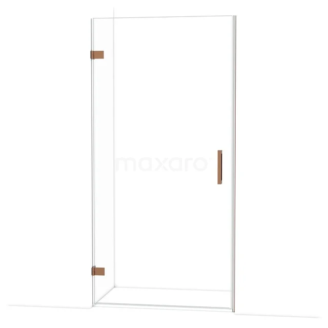 Glasene Duschtür mit kupferfarbenen Scharnieren und Haltegriff, ideal für einen modernen Badezimmerstil.