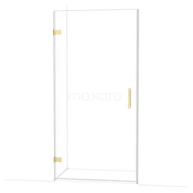 Glass shower door with gold hinges and handle, minimalist design, perfect for modern bathrooms.