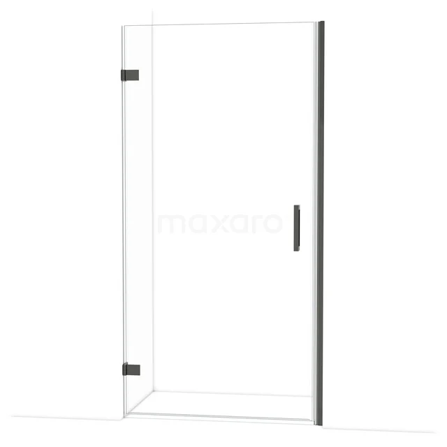 Glass shower door with black hinges and handle, modern appearance, suitable for stylish bathroom designs.