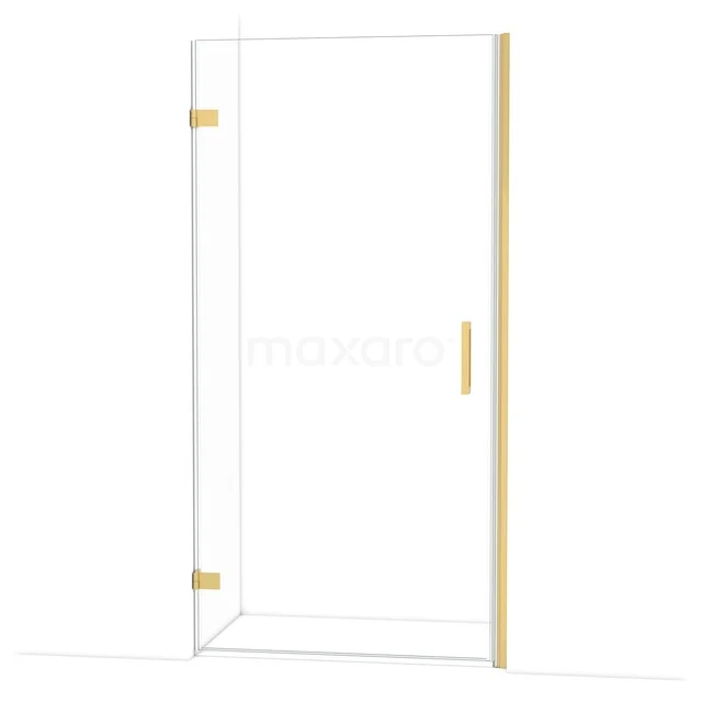 Duschtür aus Klarglas mit goldenen Scharnieren und Haltegriff, elegantes Design für ein modernes Badezimmer.