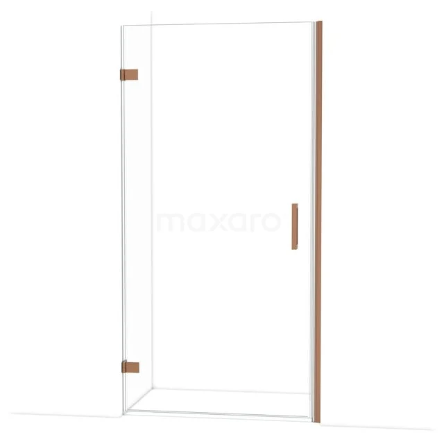 Glazen douchedeur met koperkleurige handgreep en scharnieren, modern design, ideaal voor elke stijlvolle badkamer.