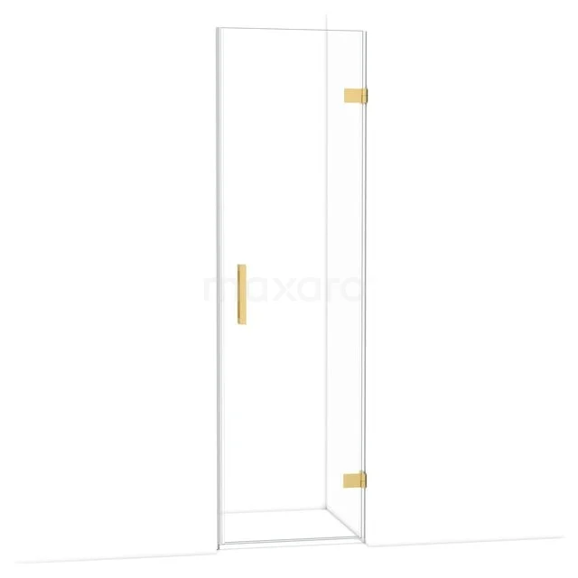 Glasene Duschtür mit goldenen Scharnieren und Haltegriff, entworfen für ein modernes Badezimmer.