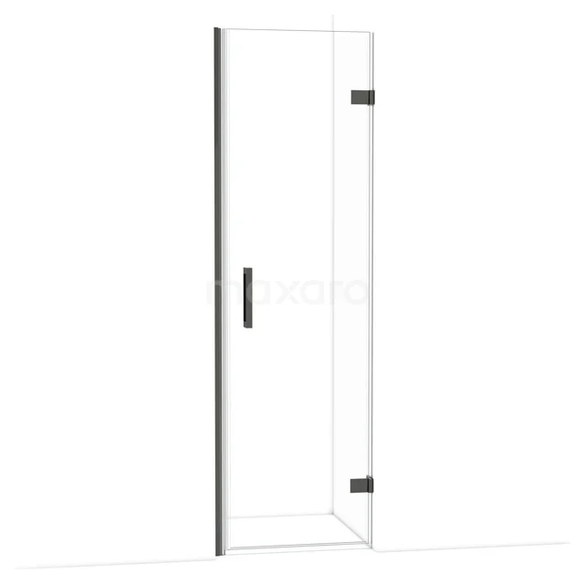 Klares Glas Duschtür, scharnierend, mit schwarzem Haltegriff und Profil, moderner Stil, perfekt für ein elegantes Badezimmerdesign.