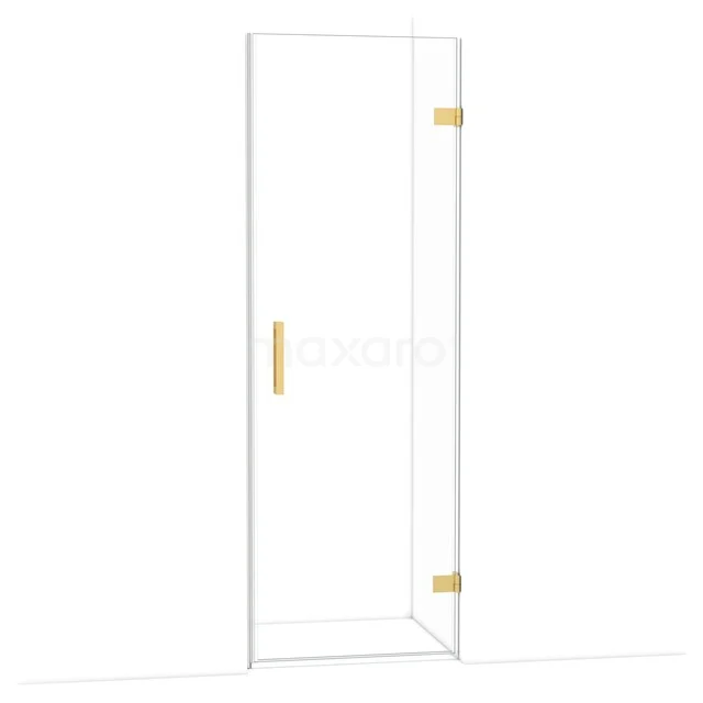 Transparent glass shower door with gold-coloured metal hinges and handle, ideal for a modern bathroom design.