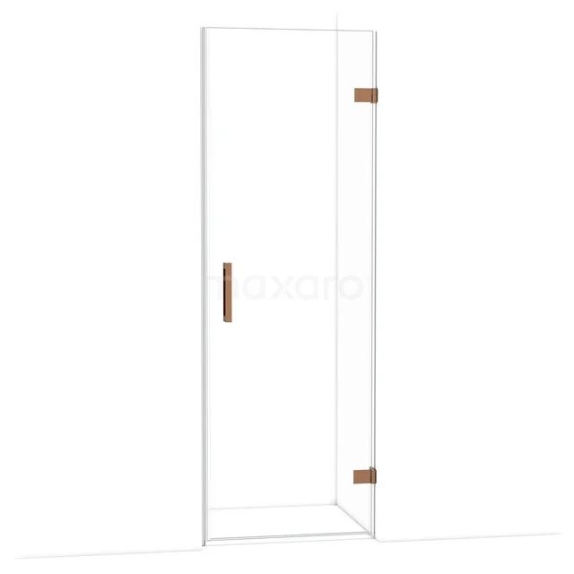 Glazen douchedeur met messing scharnieren en handgreep, strak design voor een moderne badkamer.