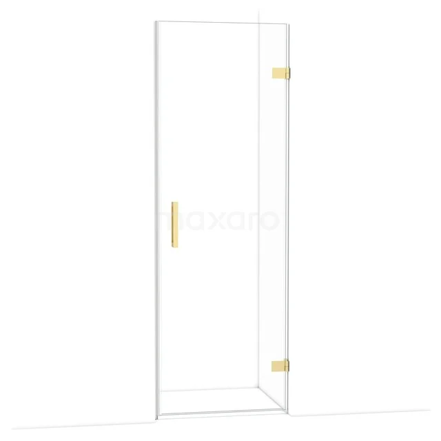 Douchedeur met helder glas, gouden scharnieren en handgreep, modern design, ideaal voor een luxe badkamer.