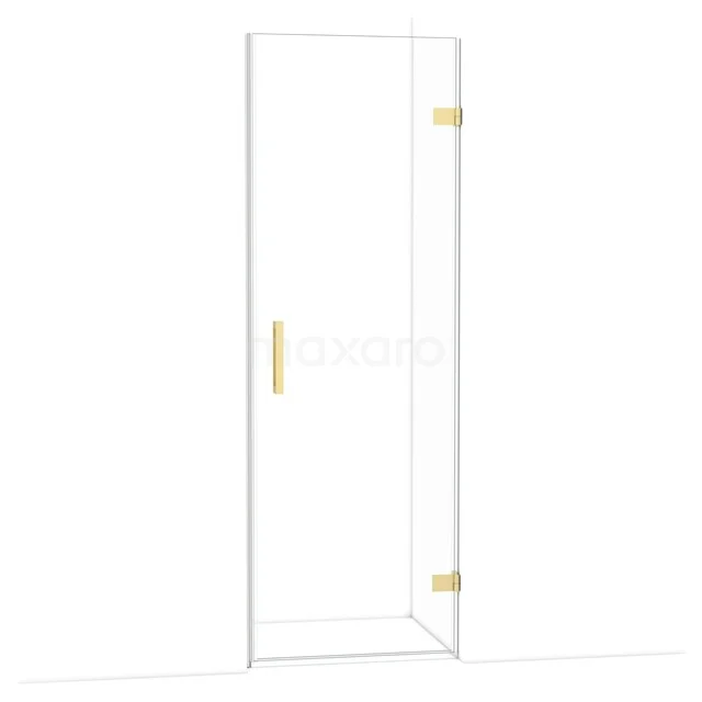 Glazen douchedeur met goudkleurige scharnieren en handgreep, modern design, perfect voor elegante badkamerinrichtingen.