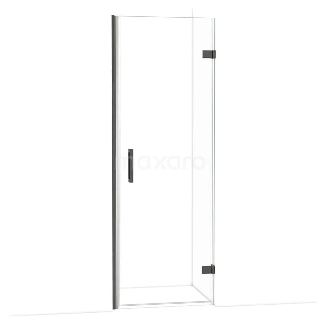 Diamond Shower door | 70 cm Black chrome Clear glass Pivot door DDA2207220BC Heldere glazen douchedeur met zwart metalen scharnieren en handgreep, strak design voor een moderne badkamer.