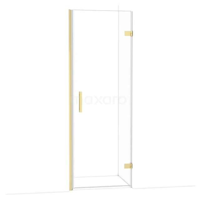Glass shower door with gold-coloured hinges and handle, ideal for a stylish bathroom decor.