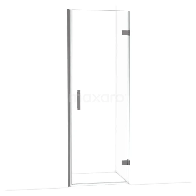 Glass shower door with chrome hinges and handle, sleek design for modern bathrooms, made of transparent safety glass.