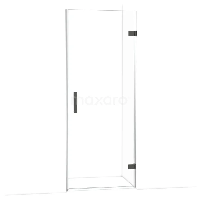 Glazen douchedeur met helder glas, zwart metalen scharnieren en handgreep, moderne uitstraling voor een stijlvolle badkamer.