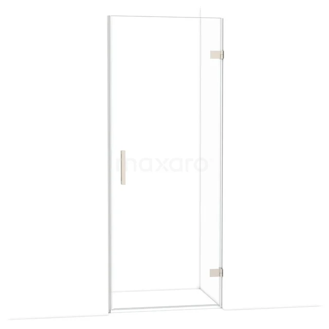 Transparante glazen douchedeur met zilverkleurige handgreep, strak design en scharnieren, ideaal voor een moderne badkamer.