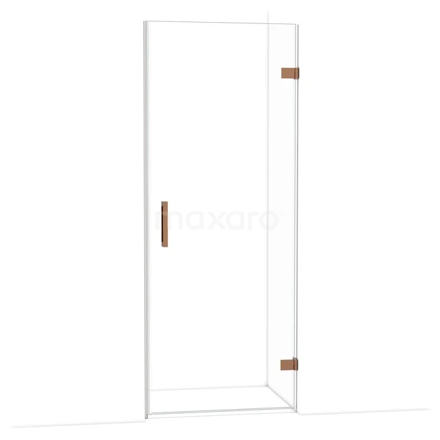 Douchedeur van helder glas met koperen handgreep en scharnieren, moderne stijl, perfect voor een stijlvolle badkamer.