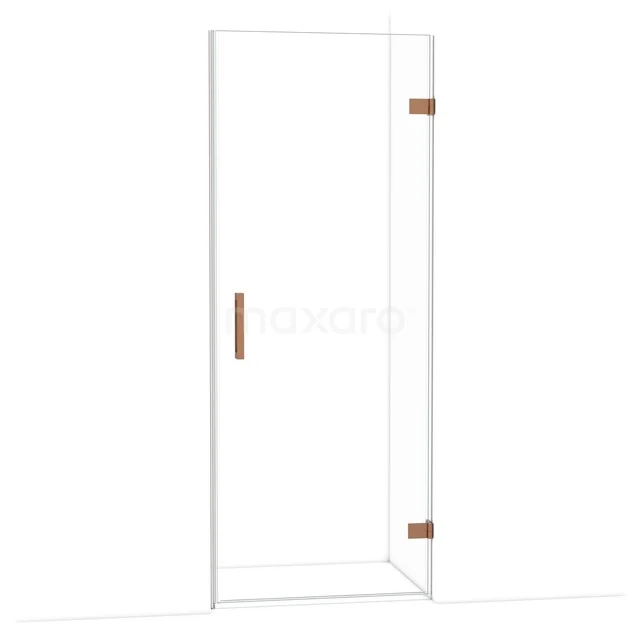 Duschtür mit Klarglas, Kupfer-Scharniere und Haltegriff, elegantes Design für moderne Badezimmergestaltung.