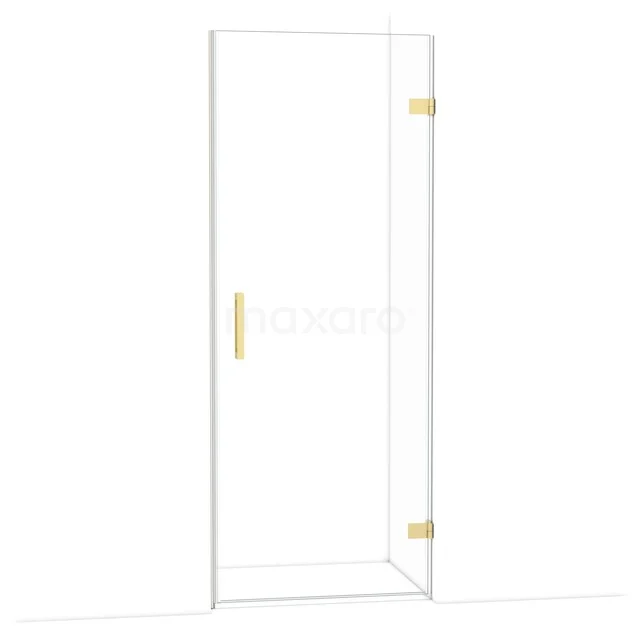 Glazen douchedeur met gouden scharnieren en handgreep, minimalistisch design, ideaal voor een moderne badkamer.