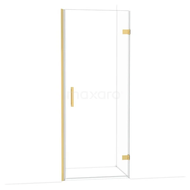 Glasdusche mit goldfarbenen Akzenten, schlankem Design und robustem Haltegriff; perfekt für einen modernen Badezimmerstil.