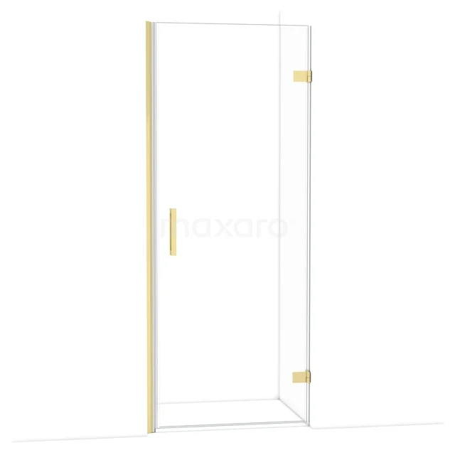 Duschtür aus Klarglas mit goldenen Scharnieren und Haltegriff, luxuriöse Ergänzung für ein modernes Badezimmer.