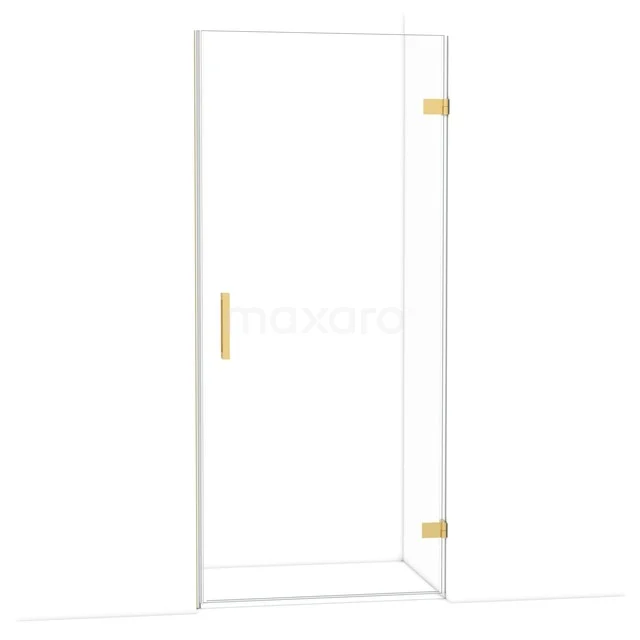 Glasene Duschtür mit goldenen Scharnieren und Griff, minimalistisches Design, ideal für ein modernes Badezimmer.