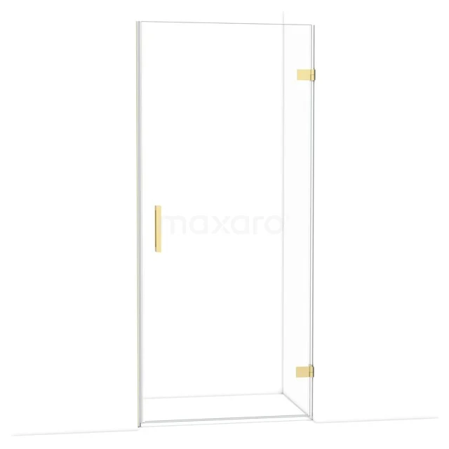 Glass shower door with gold-coloured hinges and handle, sleek design, ideal for modern bathrooms.