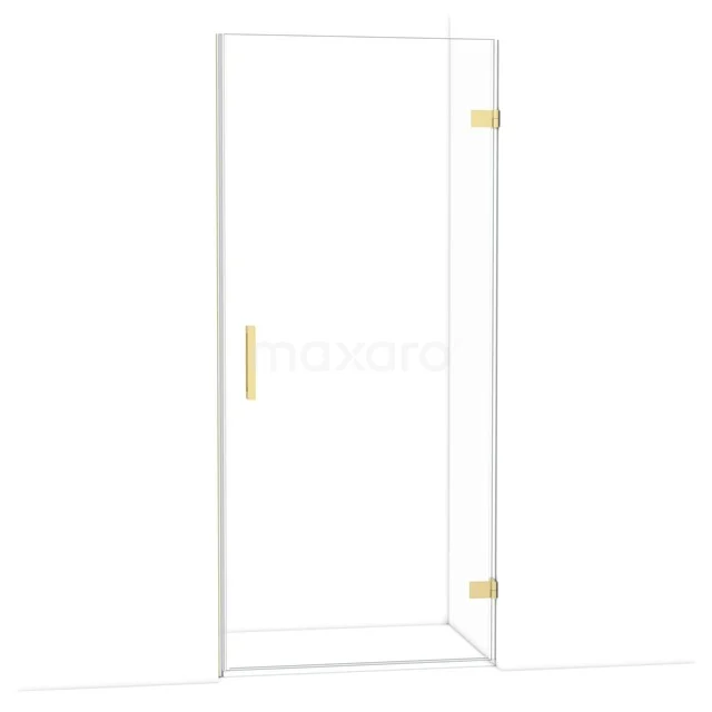 Glazen douchedeur met goudkleurige scharnieren en handgreep, modern ontwerp voor een stijlvolle badkamer.