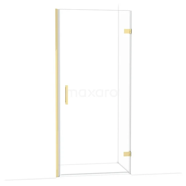 Glass shower door with gold hinges and handle, modern design, ideal for a stylish bathroom.