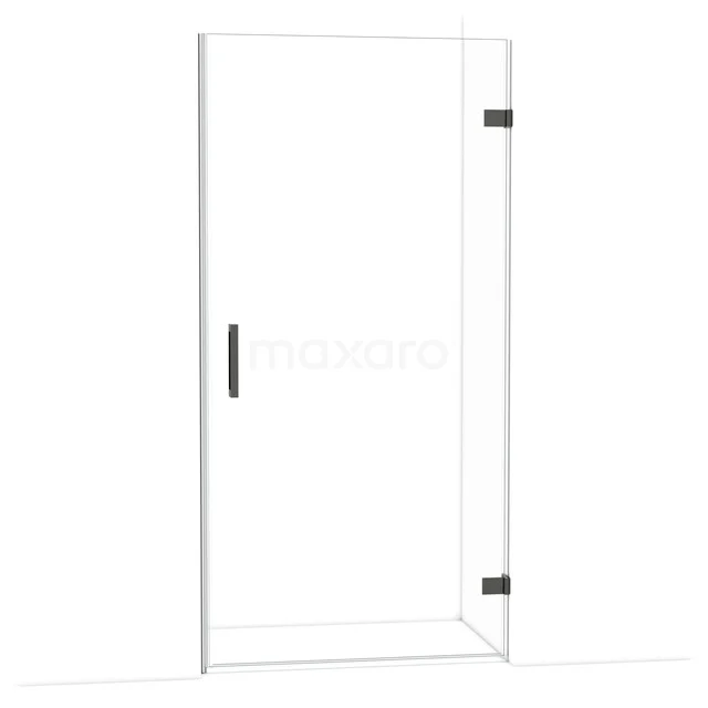 Glas Duschtür mit schwarzen Scharnieren und Haltegriff, modernes Design für das Badezimmer, hergestellt aus klarem Sicherheitsglas.