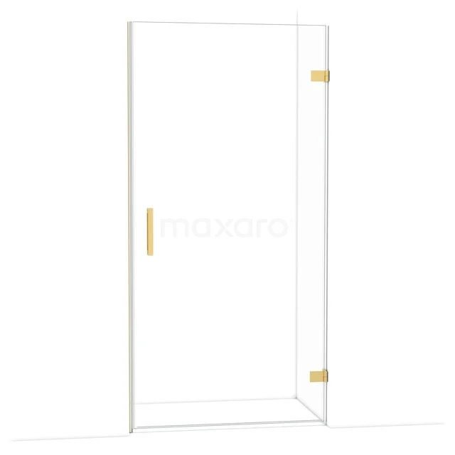 Glazen douchedeur, transparant met messing details, strak design ideaal voor moderne badkamers.