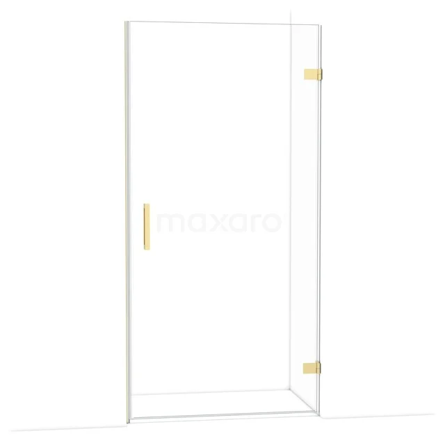 Glazen douchedeur met goudkleurige scharnieren en handgreep, strak design, perfect voor een moderne badkamer uitstraling.