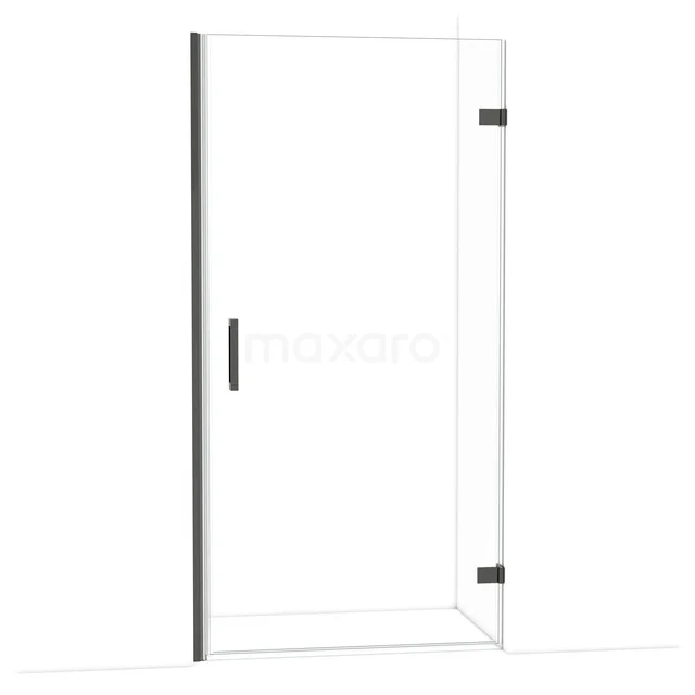 Glass shower door with black aluminium profiles and stylish handle, perfect for a modern bathroom.
