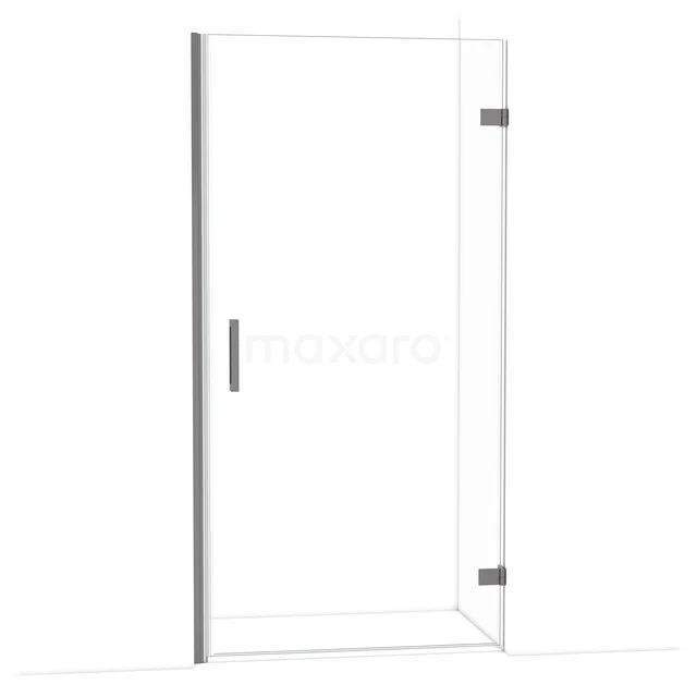 Glazen douchedeur met scharnieren, doorzichtig, metalen handgreep en strak design voor een moderne badkamer.