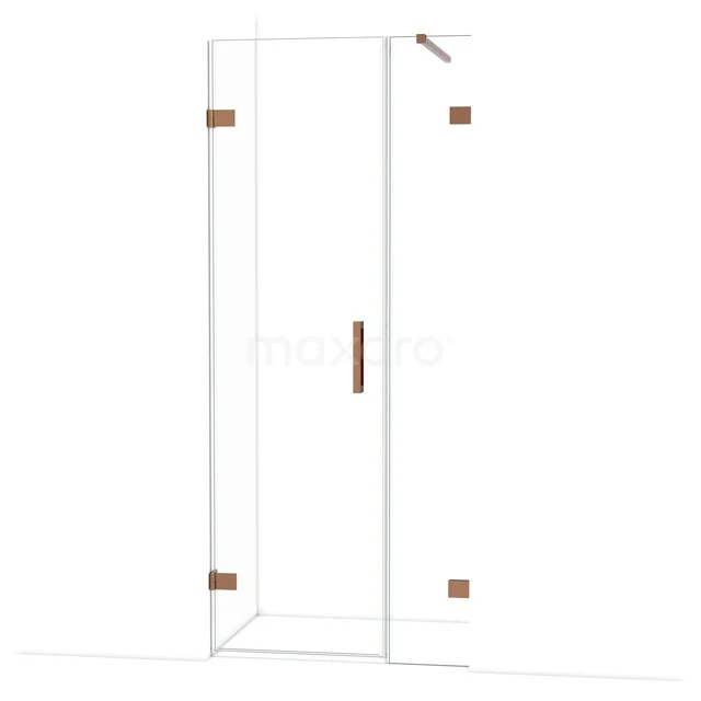 Douchedeur van helder glas met messing scharnieren en handgreep, strak design voor een moderne badkamer.