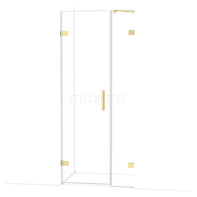 Glazen douchecabine met gouden scharnieren en handgreep, modern design, ideaal voor een luxe badkamer.
