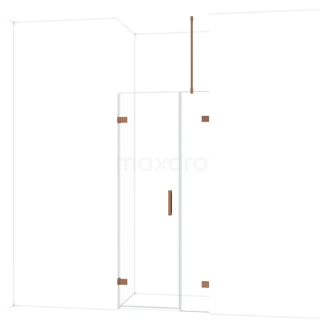 Inloopdouche met helder glas en koperkleurige beslag, eigentijds ontwerp perfect voor een moderne badkamer.