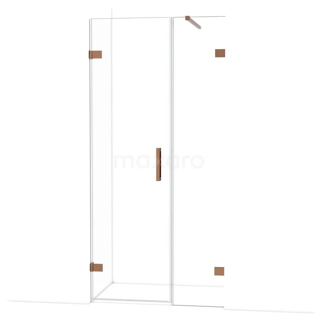 Douchecabine met helder glas en koperkleurige details, rechte lijnen, ideaal voor een moderne badkamerstijl.