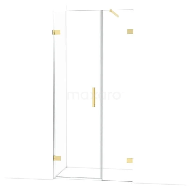Glazen douchedeur met goudkleurige scharnieren, strak design en minimalistische handgreep; ideaal voor moderne badkamers.