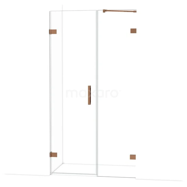 Glazen douchecabine met hoekdeur, koperkleurige scharnieren en handgreep, minimalistisch design voor een stijlvolle badkamer.