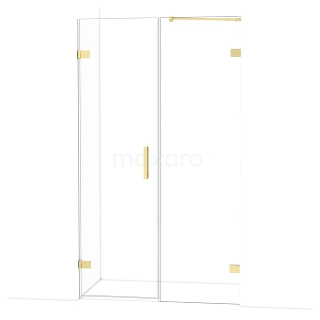 Glass shower door with gold-coloured hinges and handle, modern bathroom style, suitable for luxury shower cubicle.
