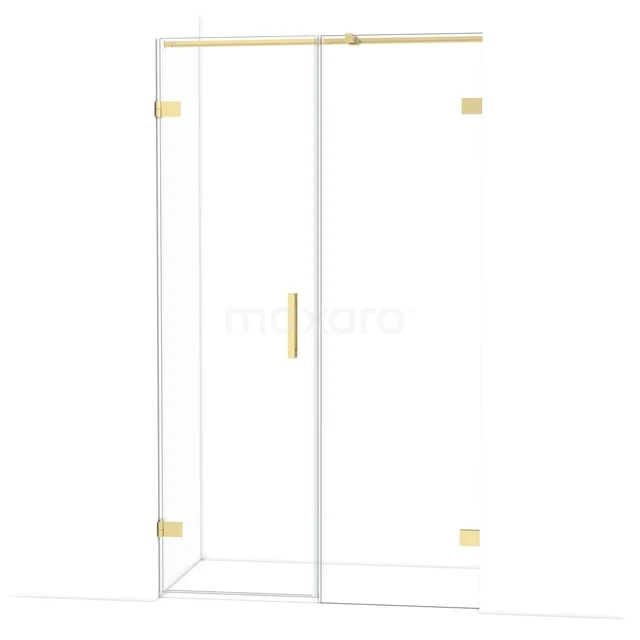 Glass shower wall with gold-coloured details, sleek design and durable material for a modern bathroom layout.