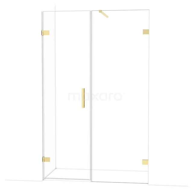 Duschwand mit goldenen Akzenten, Eckmodell aus Glas und Aluminium, schlankes Design für ein modernes Badezimmer.