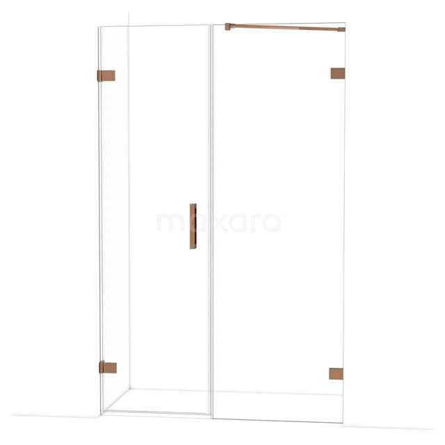 Diamond Shower door | 125 cm Shiny copper Clear glass Pivot door DDC210607220GKP Douchecabine met rechthoekige glazen panelen en messingkleurige accenten, ideaal voor een moderne badkamer.
