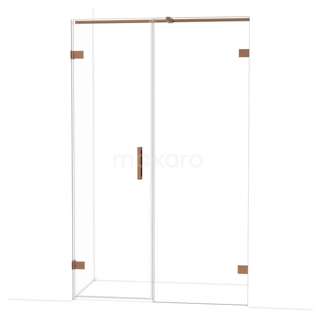 Glazen douchecabine met koperkleurige scharnieren en handgreep, modern design voor een stijlvolle badkamer.