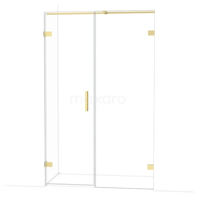 Glazen douchedeur met goudkleurige accenten, draaideur en strak minimalistisch ontwerp, perfect voor een moderne badkamer.