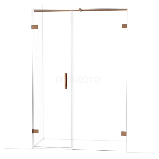 Douchedeur met helder glas, goudkleurige details en schuifsysteem, ideaal voor een moderne badkamer met luxe uitstraling.