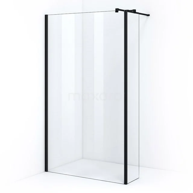 Shower screen with black frame, clear glass and minimalist design; ideal for modern bathroom design.