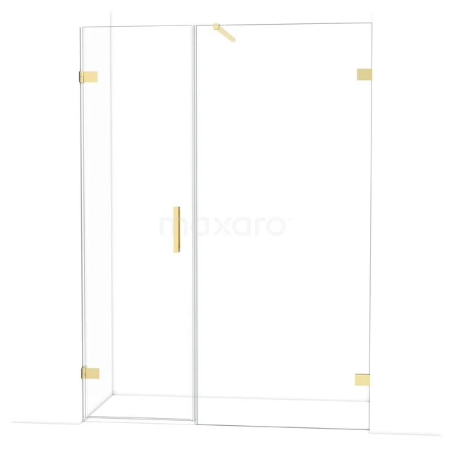 Glass shower wall with door, gold-coloured hinges and handle, stylish design for modern bathrooms.