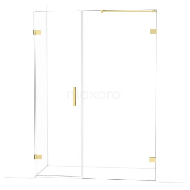 Glazen douchewand met gouden accenten, minimalistisch ontwerp, ideaal voor een moderne badkamerinrichting.